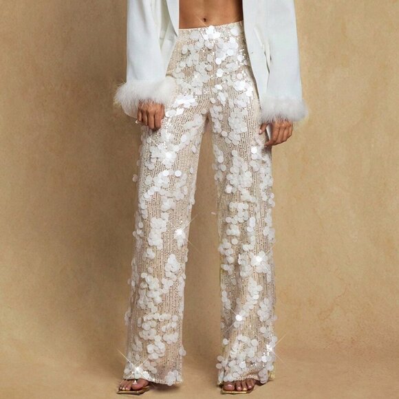 Glamorous Womens High Waist Sequin detailed Wide Leg Long Pants - Picture 5 of 7